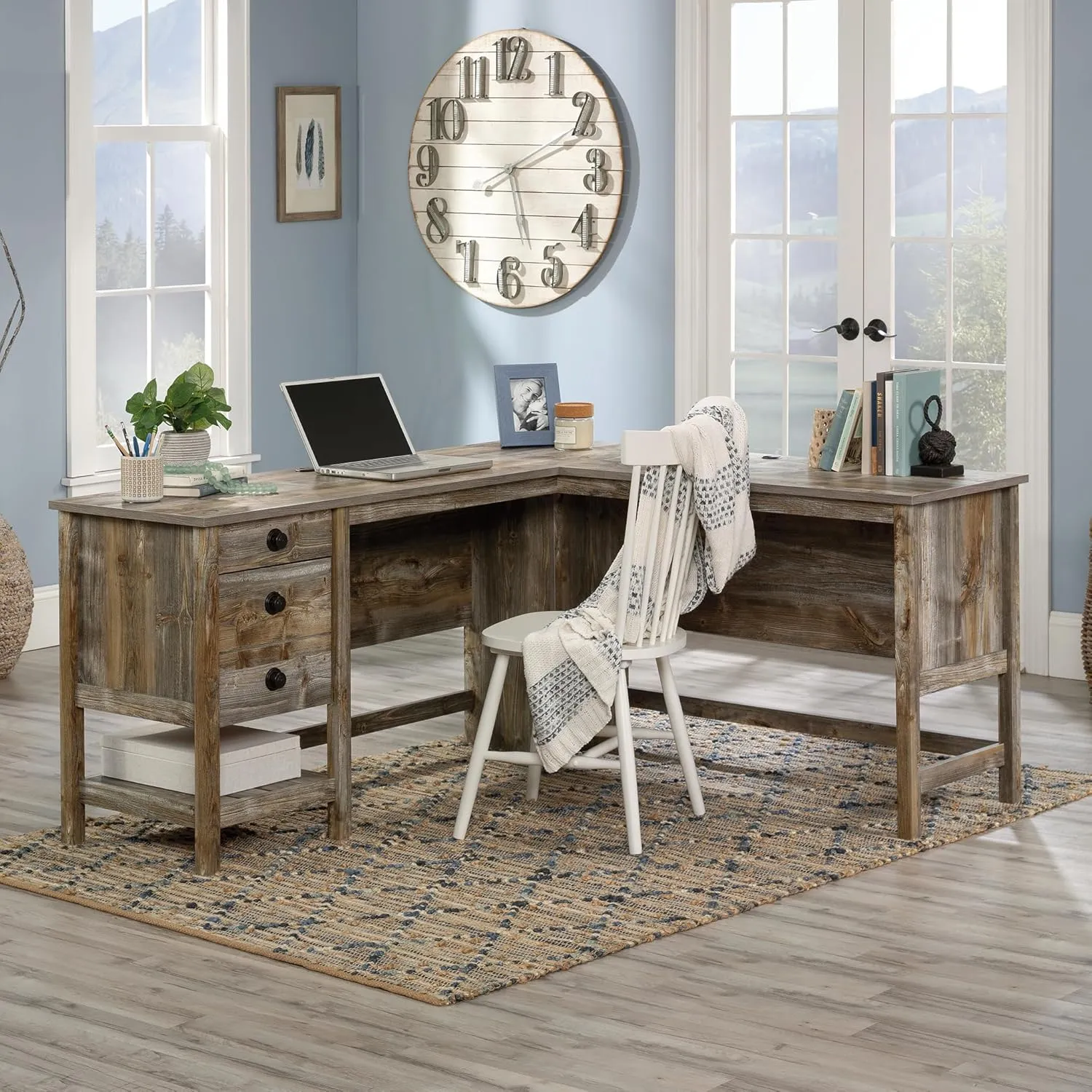 Sauder Granite Trace L Shaped Desk Computer Desk with Drawers, Home Office Desk with Optional File Cabinet Storage, Cable Management, in Rustic Cedar Finish