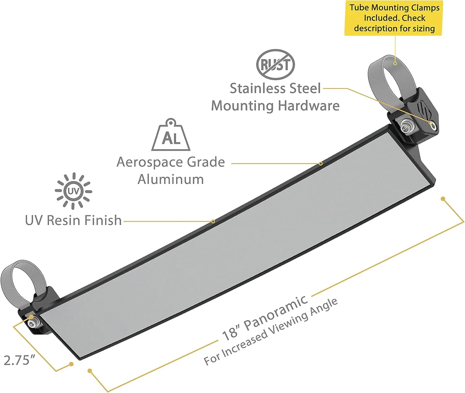 SCOSCHE PSM21010-15 BaseClamp 18” Panoramic Mirror Base with Two 1.5” Tube Clamps for ATV's UTV's and Side x Sides