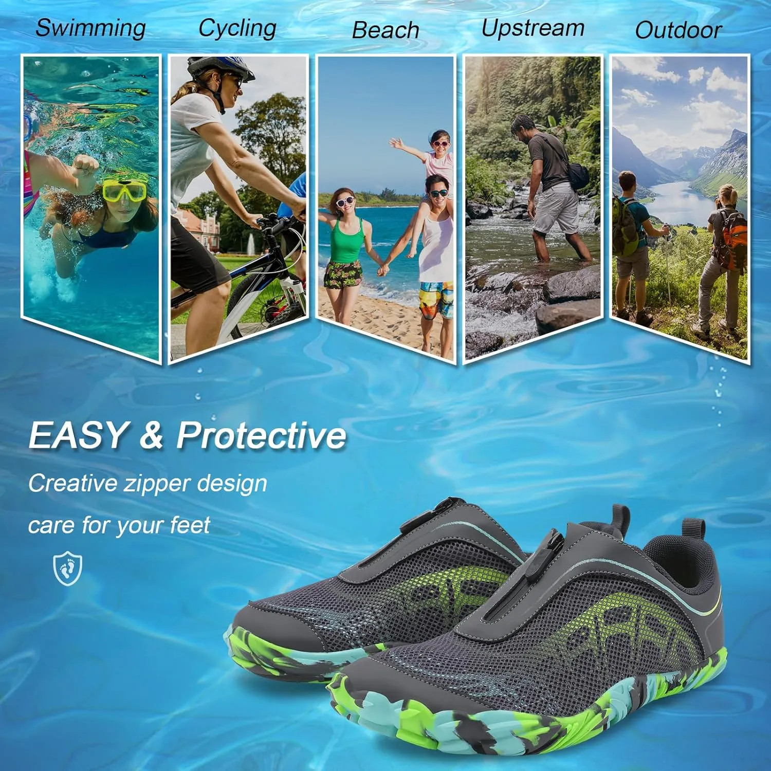 Scurtain Unisex Mens Womens Water Shoes Athletic Sports Aqua Shoes Barefoot Hiking Water Shoes Quick Dry Yoga Pool Swim Surf Beach Walking Shoes with Zipper