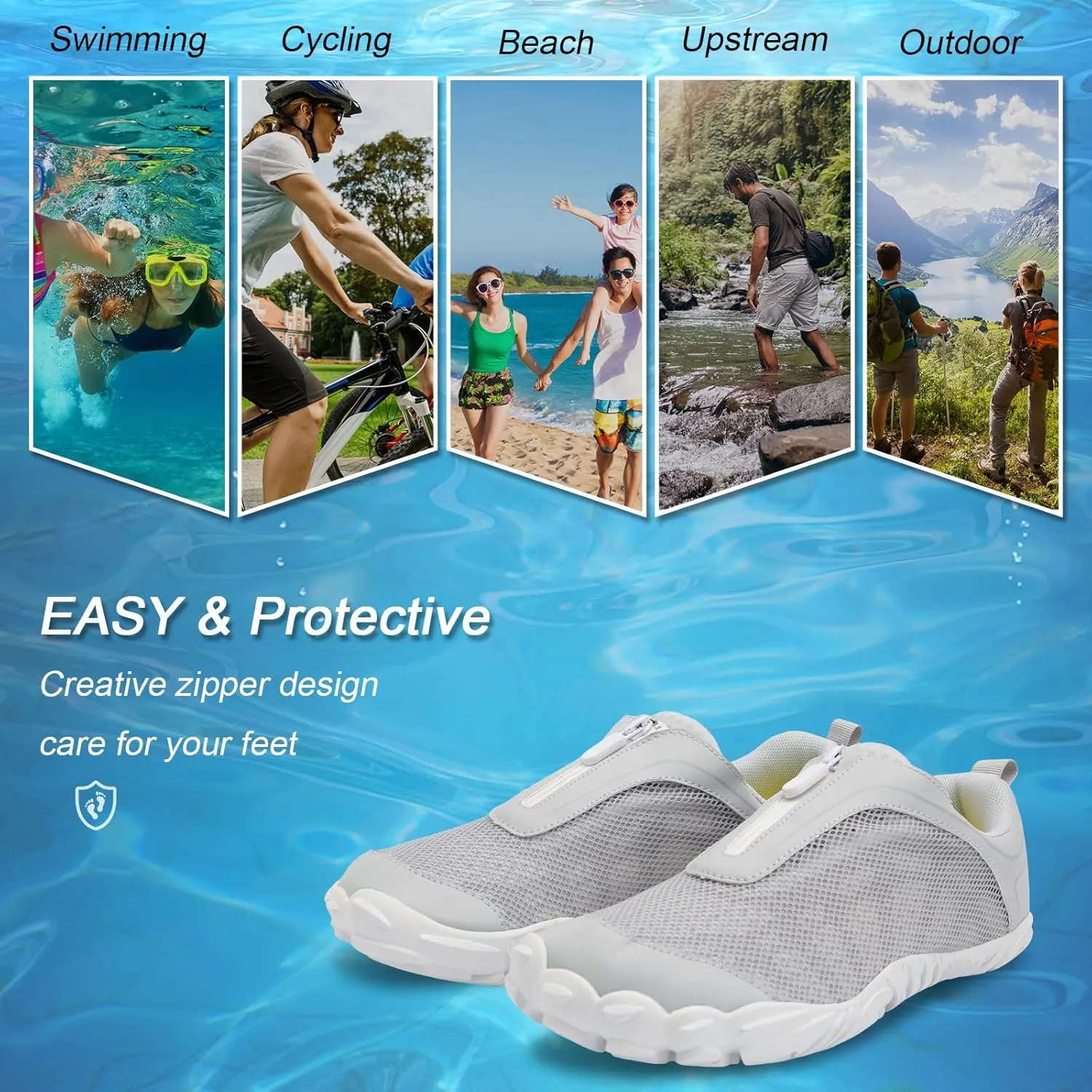 Scurtain Unisex Mens Womens Water Shoes Athletic Sports Aqua Shoes Barefoot Hiking Water Shoes Quick Dry Yoga Pool Swim Surf Beach Walking Shoes with Zipper