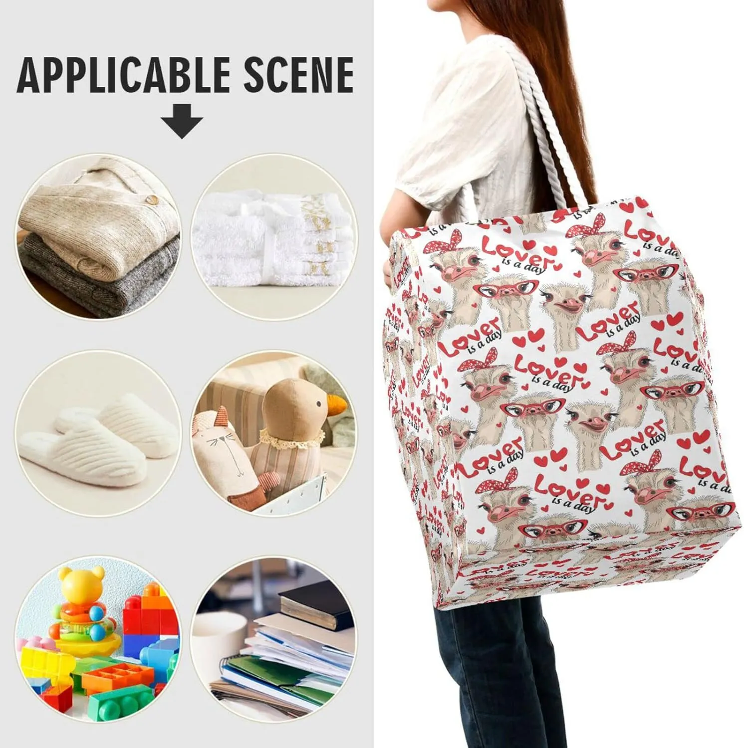 Seamless Ostriches with Red Glasses Hairpins Lover is a Day Collapsible Waterproof Laundry Hamper, Lightweight Washing Basket Bin Storage Organizer Bucket with Handles for Toys Clothes