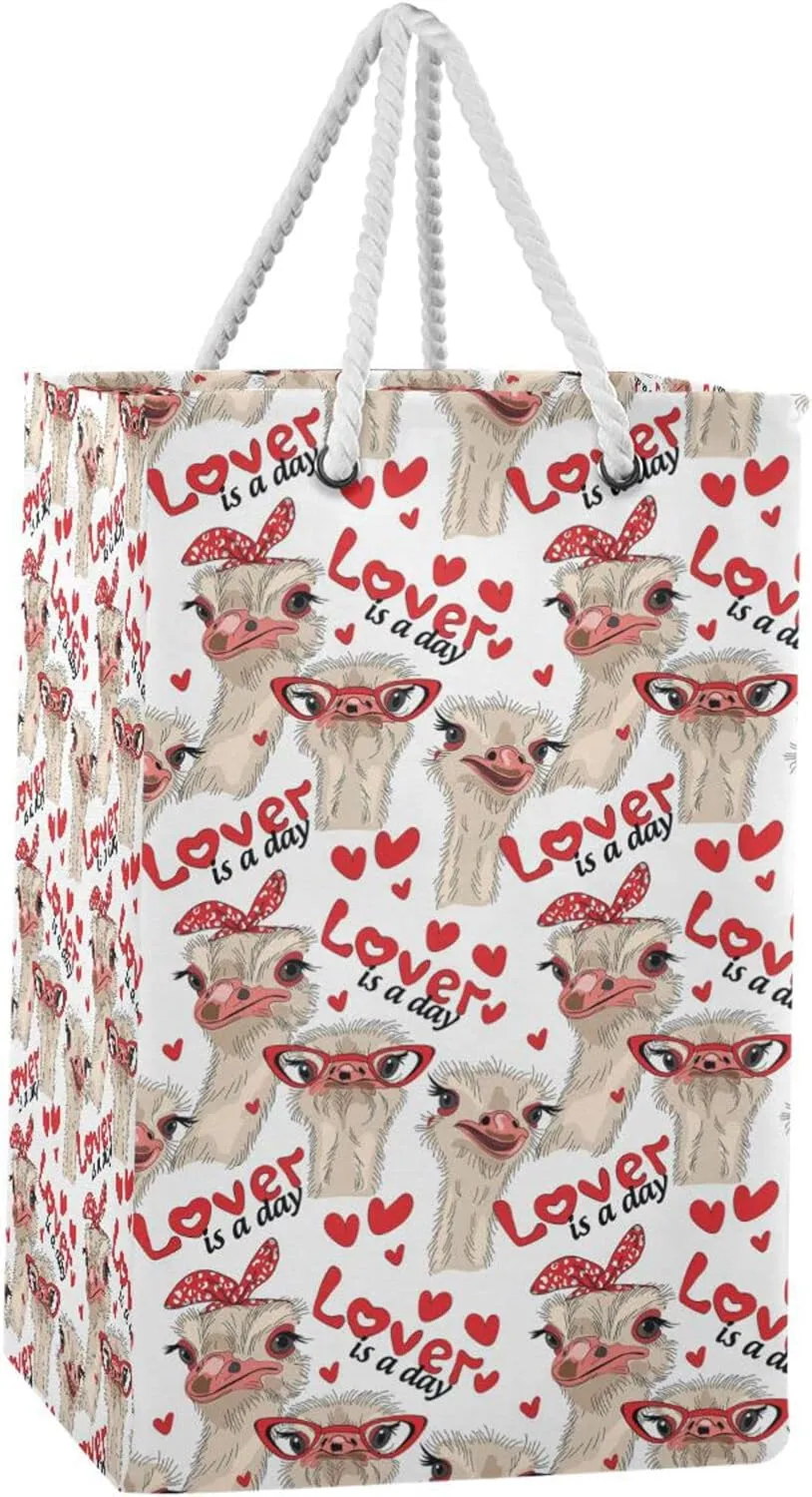 Seamless Ostriches with Red Glasses Hairpins Lover is a Day Collapsible Waterproof Laundry Hamper, Lightweight Washing Basket Bin Storage Organizer Bucket with Handles for Toys Clothes