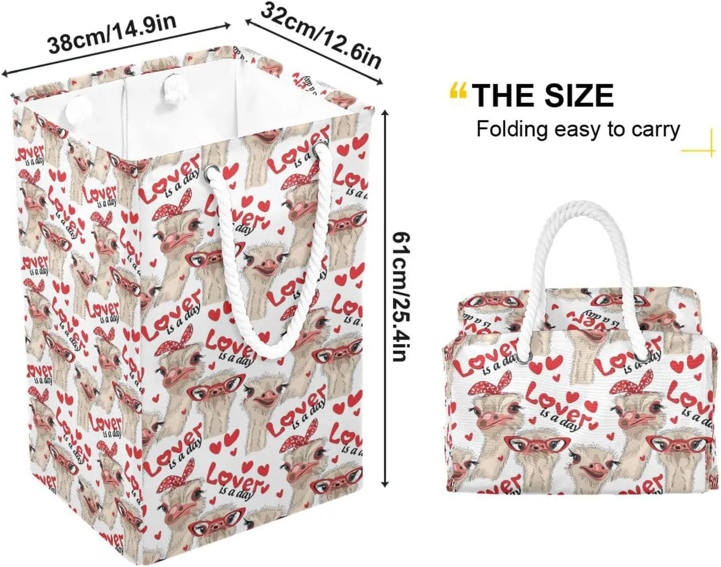 Seamless Ostriches with Red Glasses Hairpins Lover is a Day Collapsible Waterproof Laundry Hamper, Lightweight Washing Basket Bin Storage Organizer Bucket with Handles for Toys Clothes