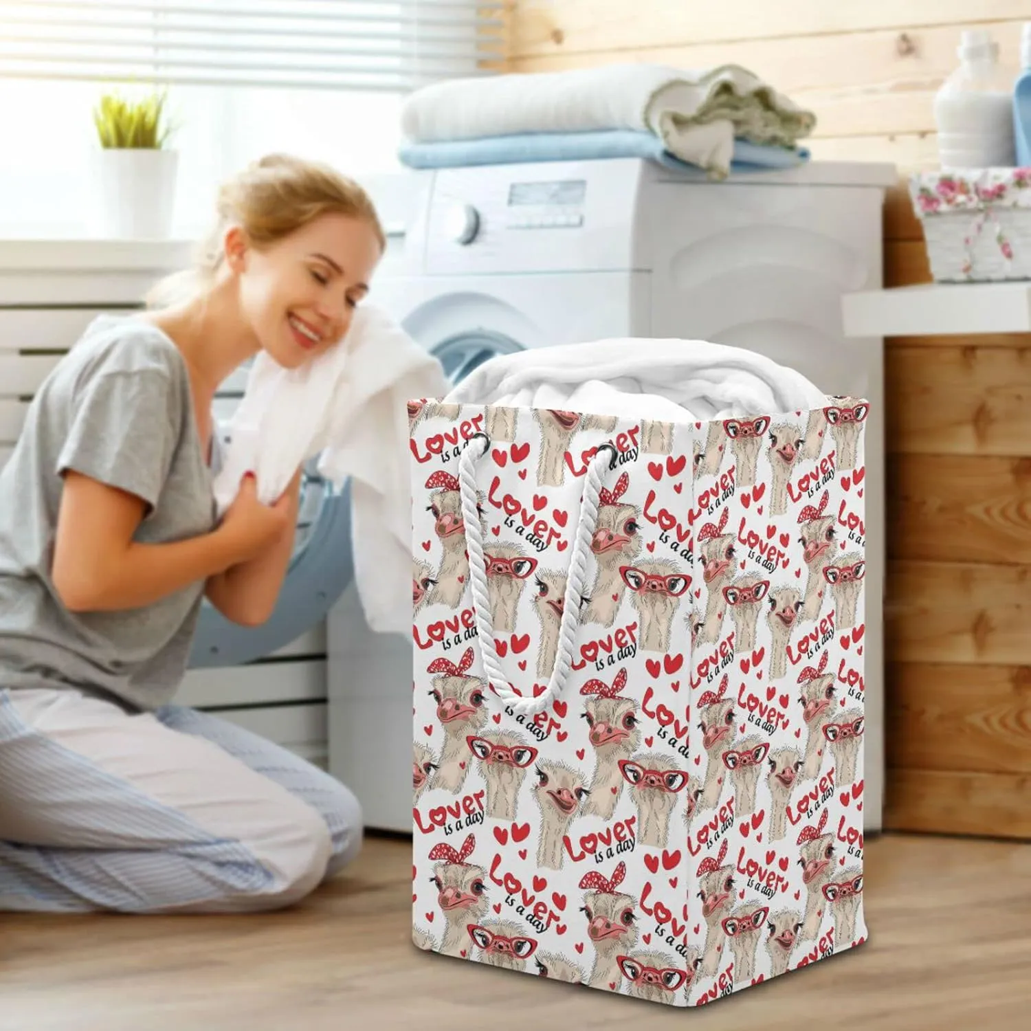 Seamless Ostriches with Red Glasses Hairpins Lover is a Day Collapsible Waterproof Laundry Hamper, Lightweight Washing Basket Bin Storage Organizer Bucket with Handles for Toys Clothes