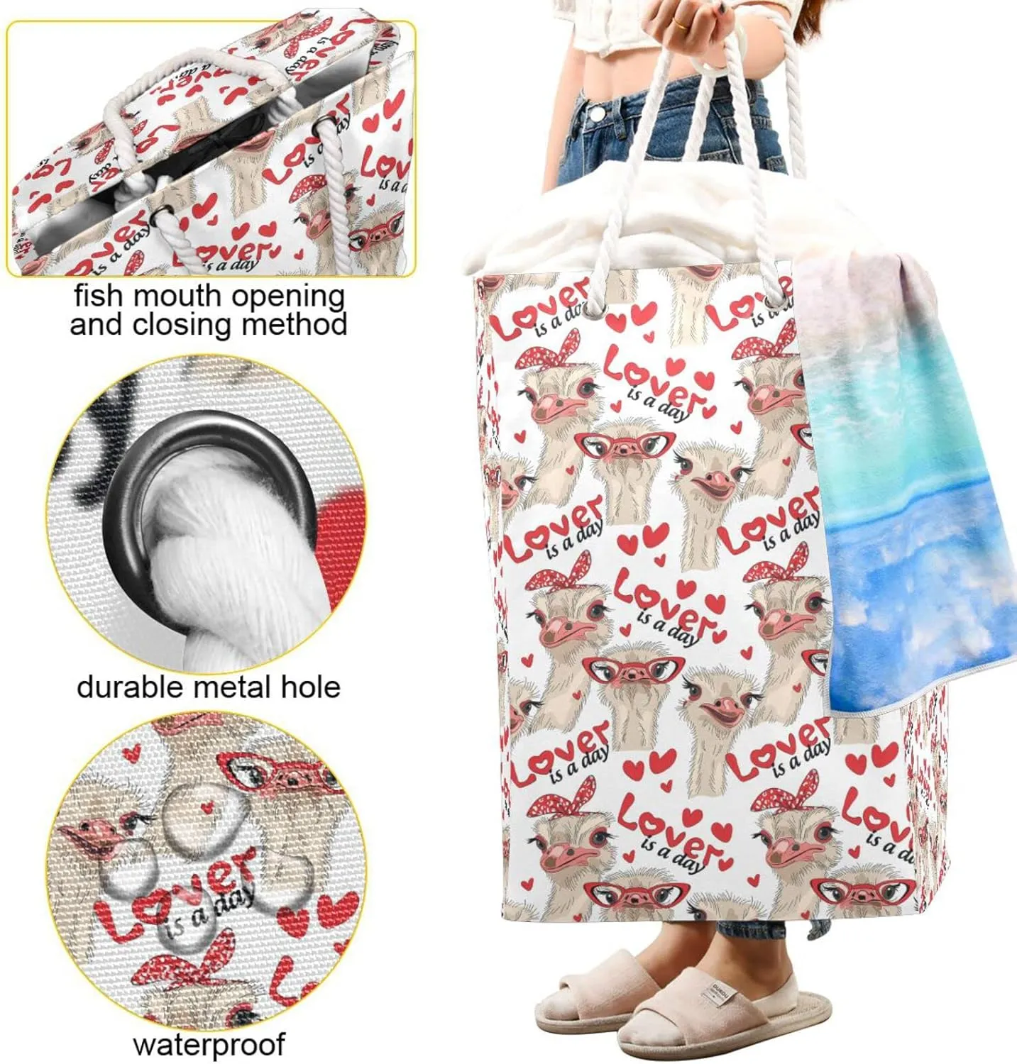Seamless Ostriches with Red Glasses Hairpins Lover is a Day Collapsible Waterproof Laundry Hamper, Lightweight Washing Basket Bin Storage Organizer Bucket with Handles for Toys Clothes