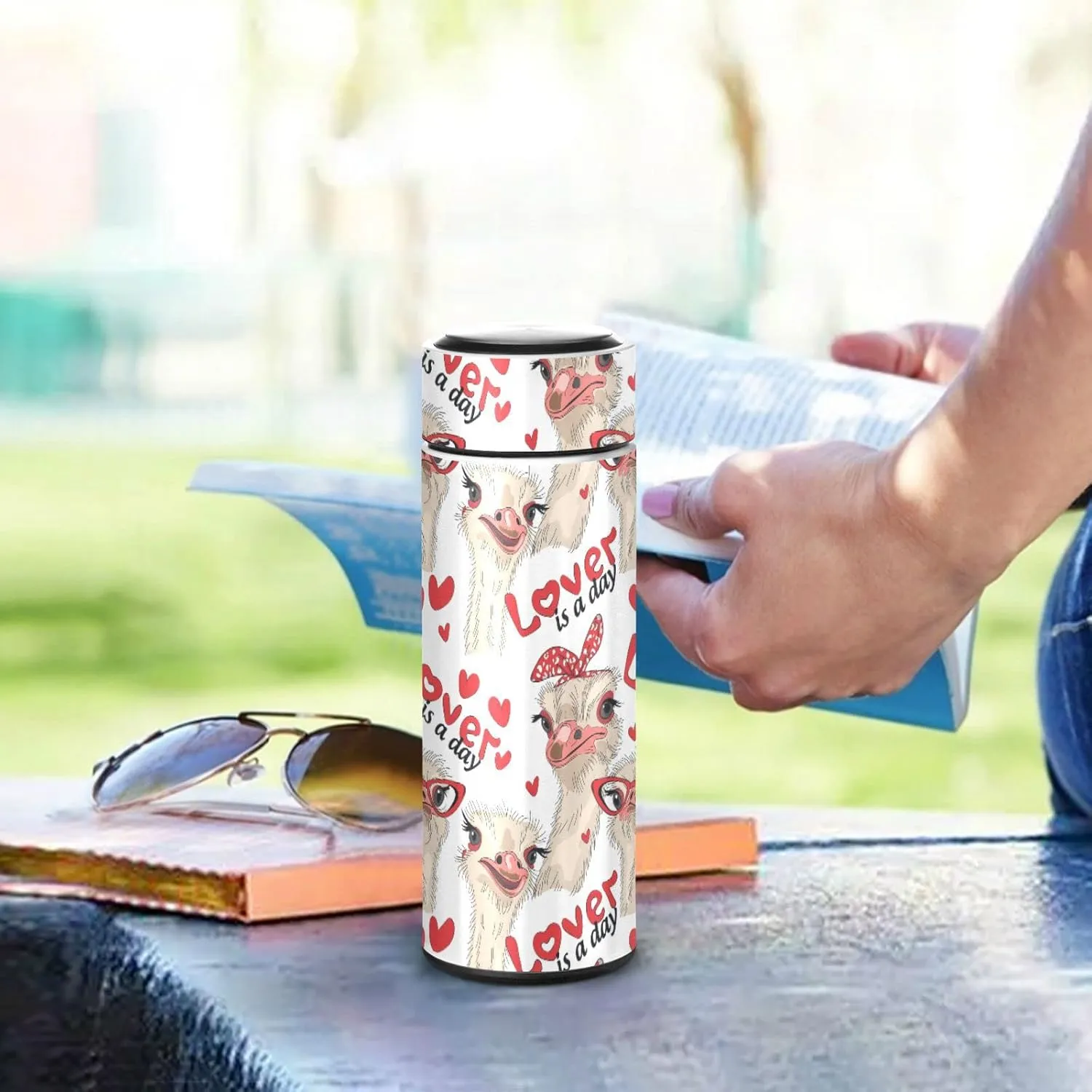 Seamless Ostriches with Red Glasses Hairpins Lover is a Day Letterings Tumbler with Lid, BPA-Free Vacuum Insulated Thermal Coffee Mug,Stainless Steel Double Wall Travel Cup Water Bottle 11.8 oz