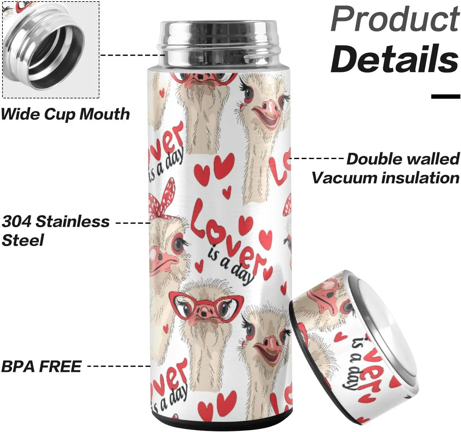 Seamless Ostriches with Red Glasses Hairpins Lover is a Day Letterings Tumbler with Lid, BPA-Free Vacuum Insulated Thermal Coffee Mug,Stainless Steel Double Wall Travel Cup Water Bottle 11.8 oz