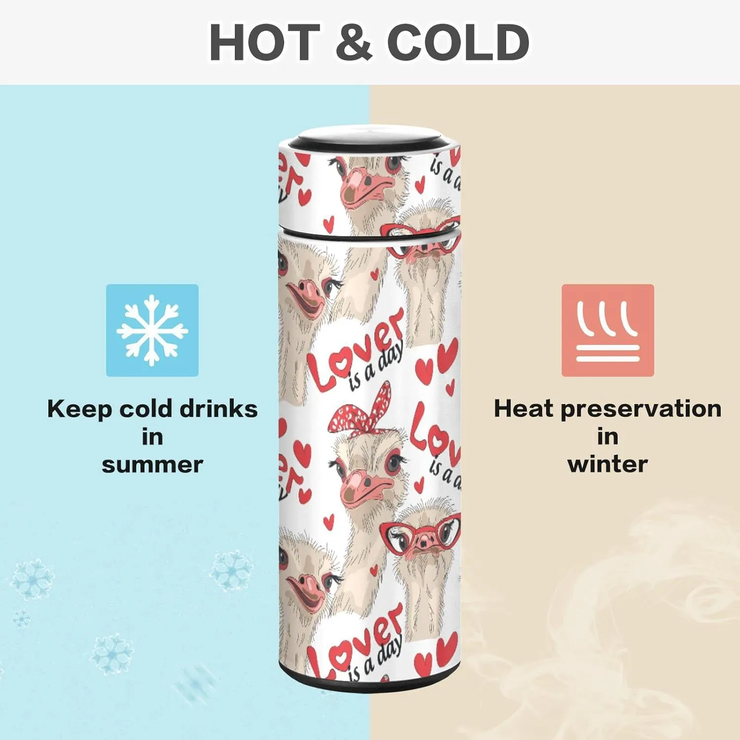 Seamless Ostriches with Red Glasses Hairpins Lover is a Day Letterings Tumbler with Lid, BPA-Free Vacuum Insulated Thermal Coffee Mug,Stainless Steel Double Wall Travel Cup Water Bottle 11.8 oz