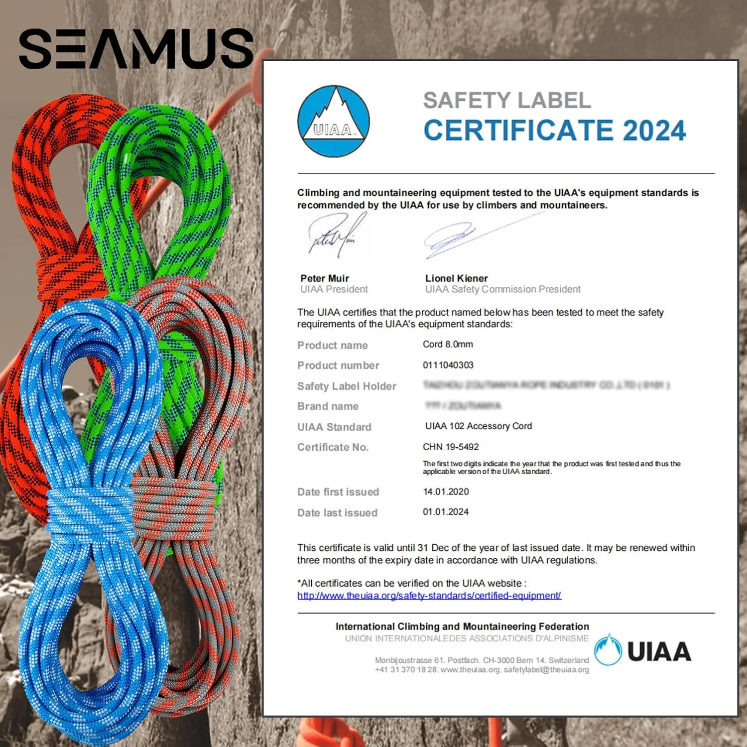 SEAMUS 8mm Prusik Accessory Cord 30M (100ft) UIAA Rock Climbing Rope 14Kn High Tensile Strength Rock Climbing Accessories Cord Double Braid Nylon Cord for Mountain Tree Climbing,Fire Rescue