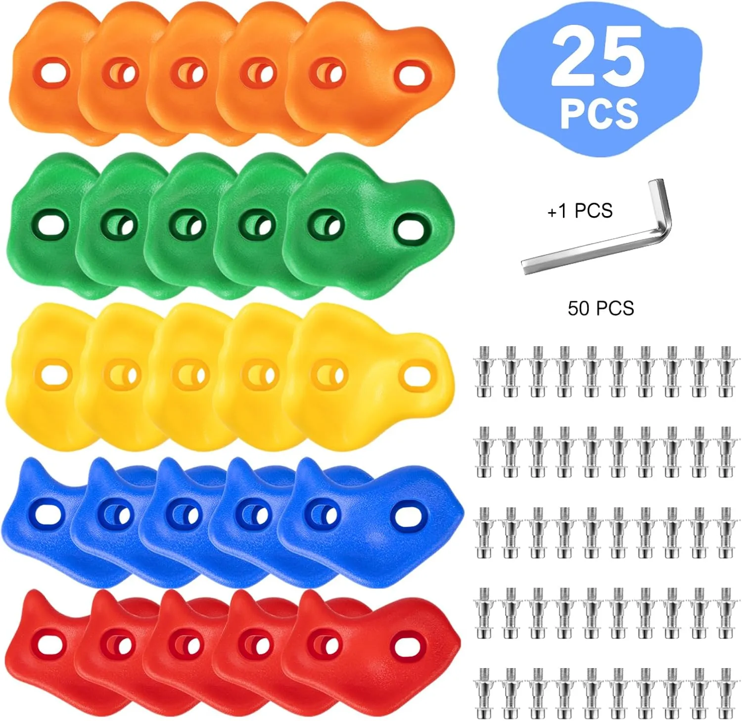 SEKKVY 25 Rock Climbing Holds With 6.56Ft Knotted Rope, Kids Holds for Indoor Outdoor Play Set, Wall Kit With Mounting Hardware, Multi-Color