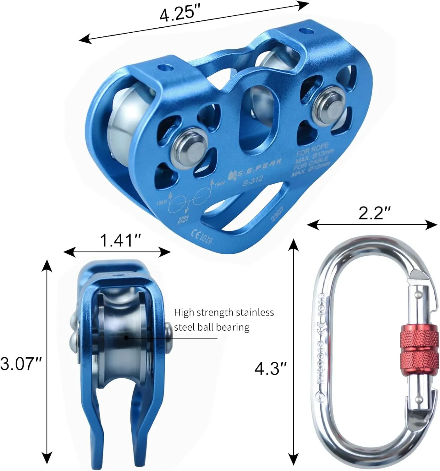 SEPEAK CE 30kN Tandem Speed Double Pulley with 1 Steel 25kN Clip, Zip Line Trolley for Backyard Zipline, Climbing & Rock Rescue Lifting, Fits Cable up to 1/2 Inches/Holds Up to 6750lbs
