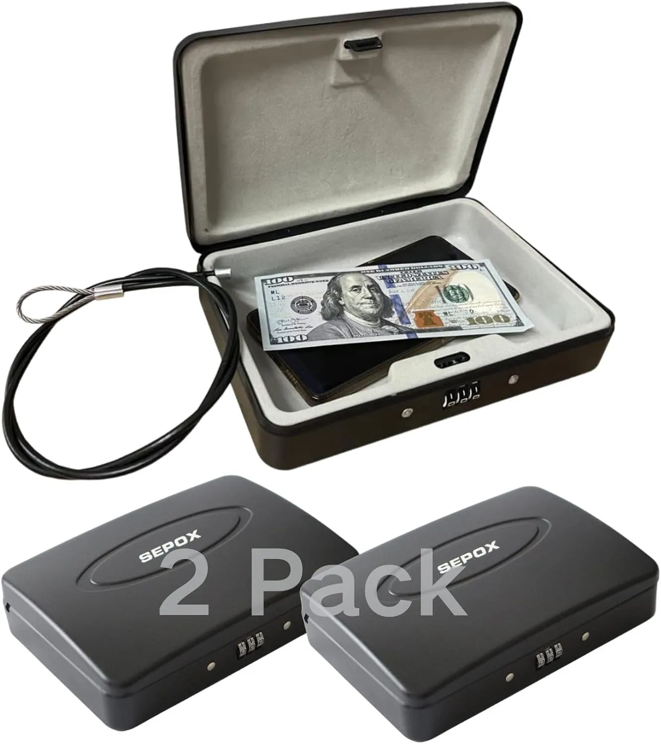 SEPOX® 2Pcs Water/Fire-Resistant Portable Security Case Lock Box Steel, Personal Travel Safe Storage Cabinet for Small Item, 3-Ft Cable, Ressetable Combination Lock for Dorm, Car, Sports, Office