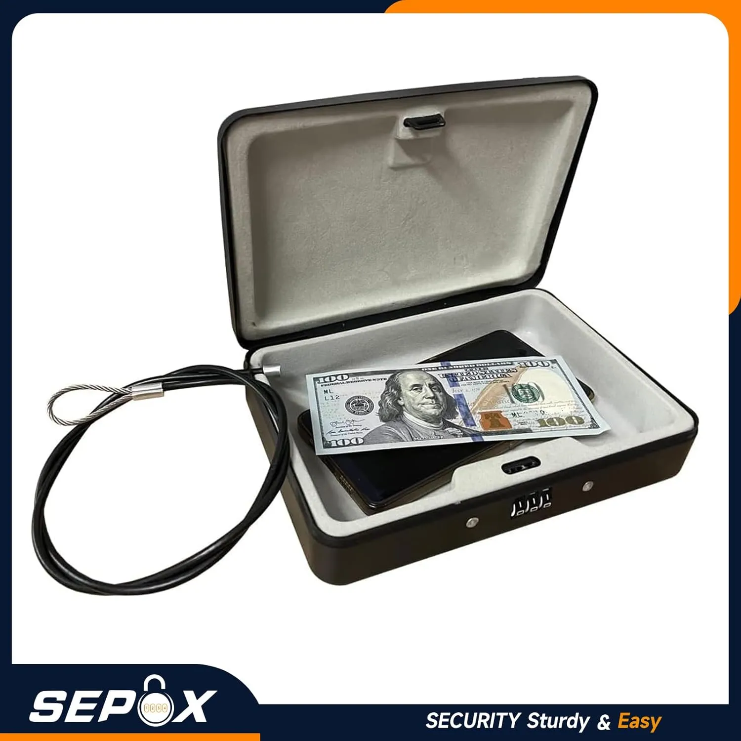 SEPOX® 2Pcs Water/Fire-Resistant Portable Security Case Lock Box Steel, Personal Travel Safe Storage Cabinet for Small Item, 3-Ft Cable, Ressetable Combination Lock for Dorm, Car, Sports, Office