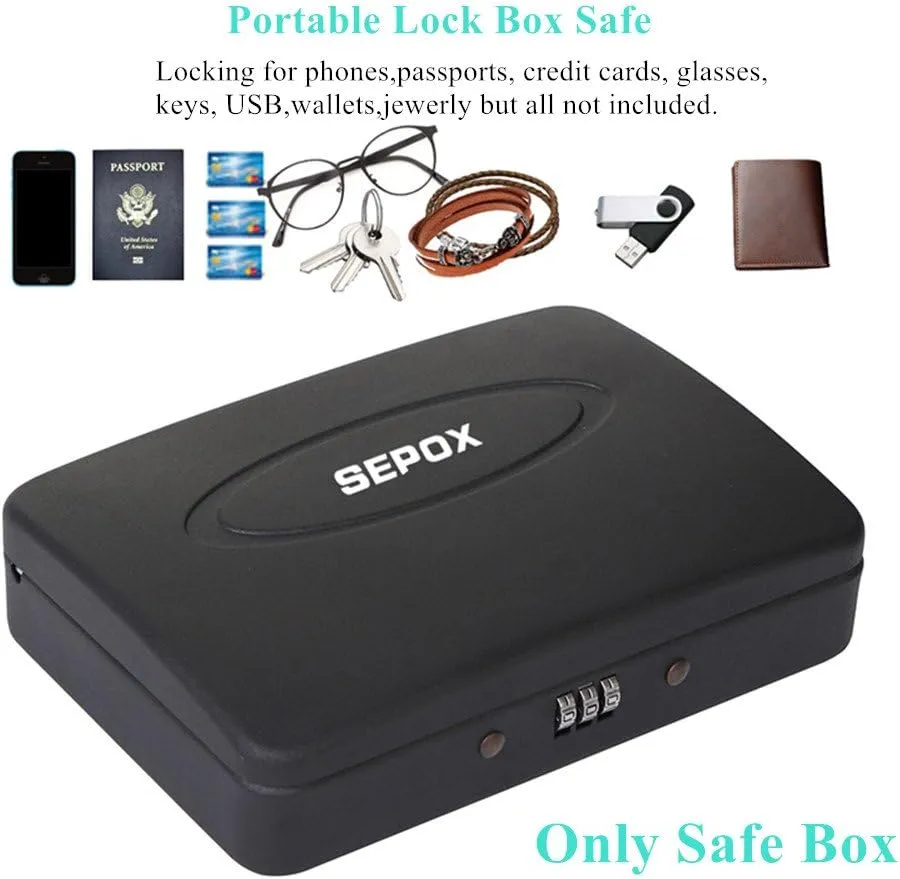 SEPOX® Water/Fire-Resistant Portable Security Case Lock Box Steel, Personal Travel Safe Storage Cabinet for Small Item, 3-Ft Cable, Ressetable Combination Lock for Dorm, Car, Sports, Office