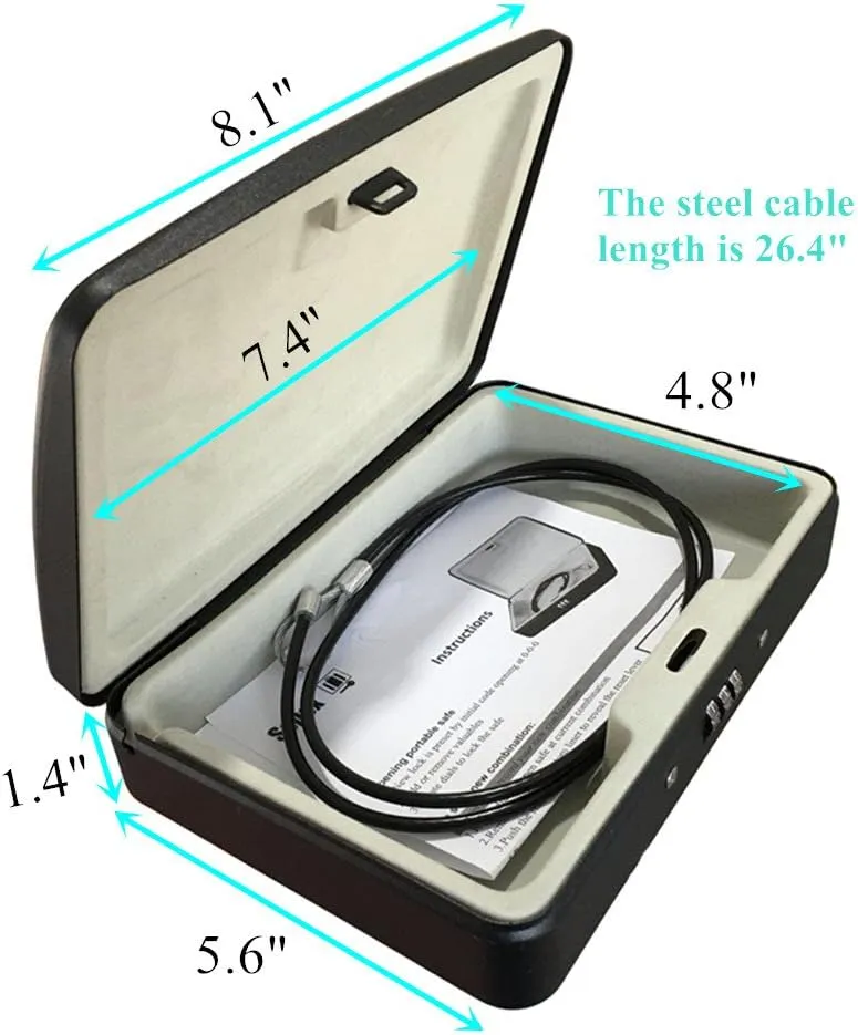 SEPOX® Water/Fire-Resistant Portable Security Case Lock Box Steel, Personal Travel Safe Storage Cabinet for Small Item, 3-Ft Cable, Ressetable Combination Lock for Dorm, Car, Sports, Office