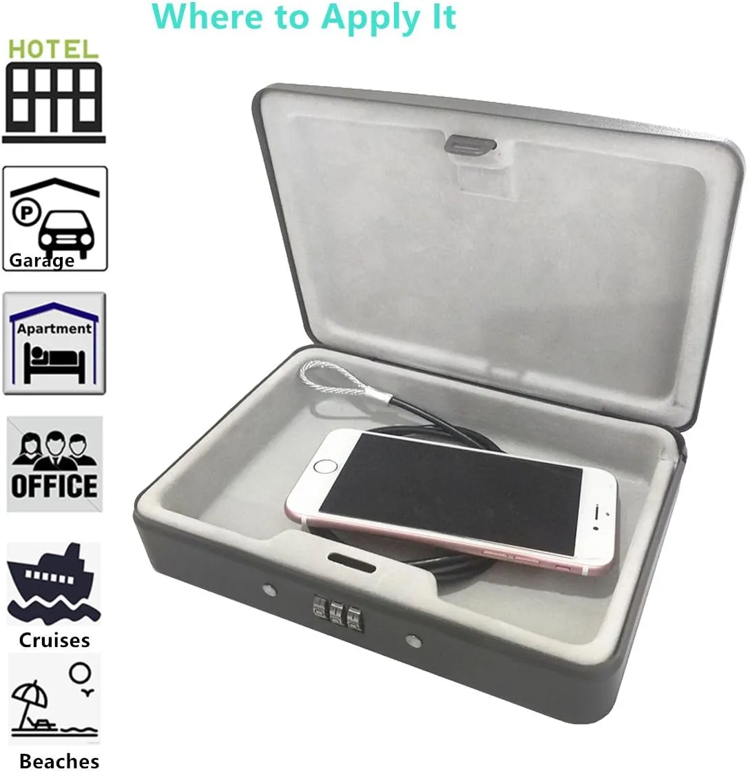 SEPOX® Water/Fire-Resistant Portable Security Case Lock Box Steel, Personal Travel Safe Storage Cabinet for Small Item, 3-Ft Cable, Ressetable Combination Lock for Dorm, Car, Sports, Office