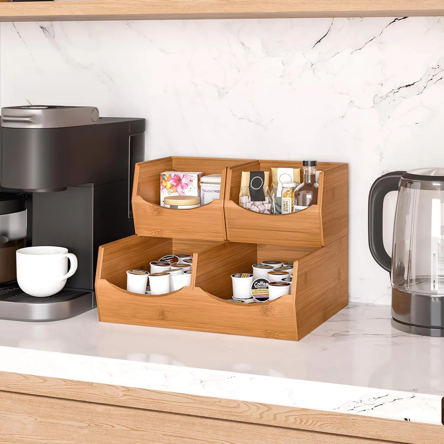 Seville Classics Bamboo Premium Organizer Storage Bins for Kitchen Silverware, Pantry, Closet, Office Desk, Pens, Utensils, Makeup, K Cup, Bamboo, Stackable Bin Set (3 Piece)