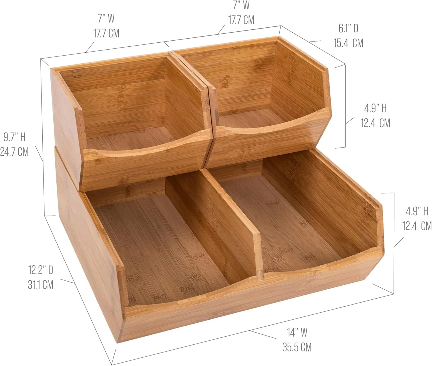 Seville Classics Bamboo Premium Organizer Storage Bins for Kitchen Silverware, Pantry, Closet, Office Desk, Pens, Utensils, Makeup, K Cup, Bamboo, Stackable Bin Set (3 Piece)