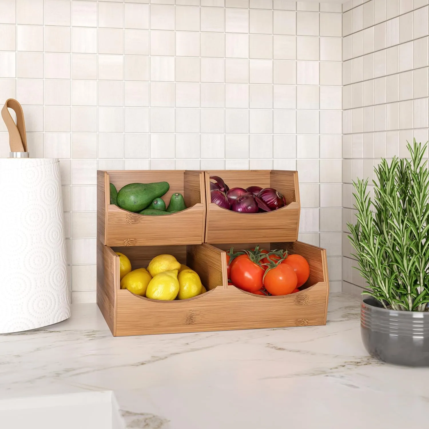 Seville Classics Bamboo Premium Organizer Storage Bins for Kitchen Silverware, Pantry, Closet, Office Desk, Pens, Utensils, Makeup, K Cup, Bamboo, Stackable Bin Set (3 Piece)
