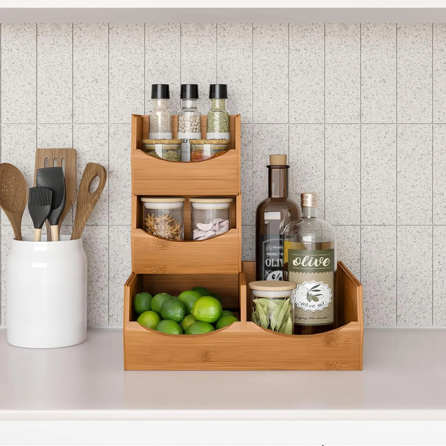 Seville Classics Bamboo Premium Organizer Storage Bins for Kitchen Silverware, Pantry, Closet, Office Desk, Pens, Utensils, Makeup, K Cup, Bamboo, Stackable Bin Set (3 Piece)