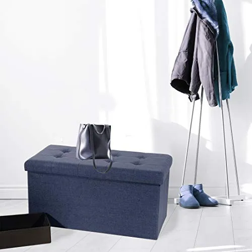 Seville Classics Foldable Tufted Storage Bench Ottoman, Midnight Blue