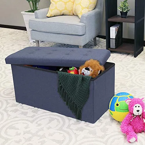 Seville Classics Foldable Tufted Storage Bench Ottoman, Midnight Blue