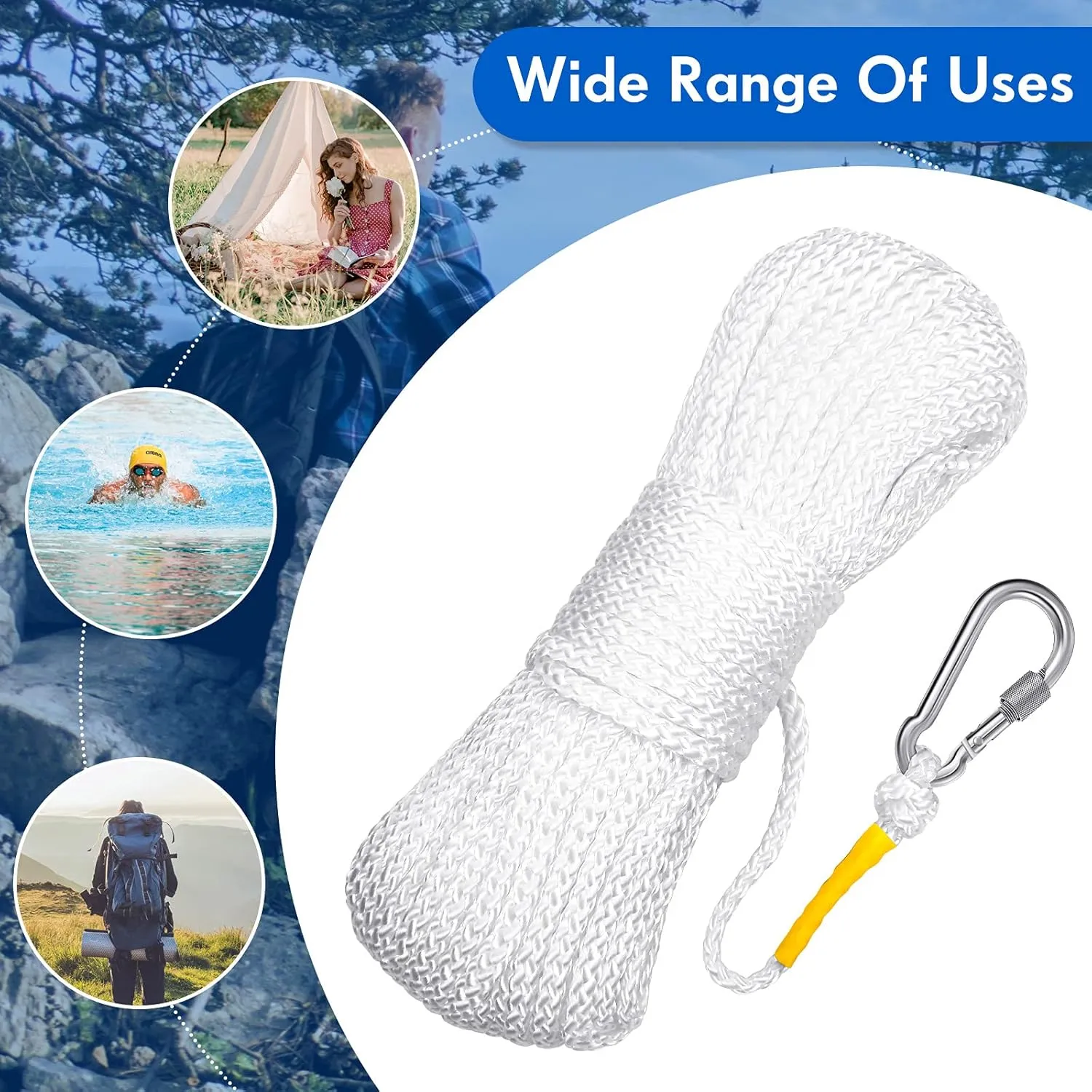 Shappy Water Floating Lifesaving Rope Dock Lines Boat Rope Braided Polypropylene Outdoor Throwing Lines for Life Preserver Ring Anchor Heaving Line with Spring Hook