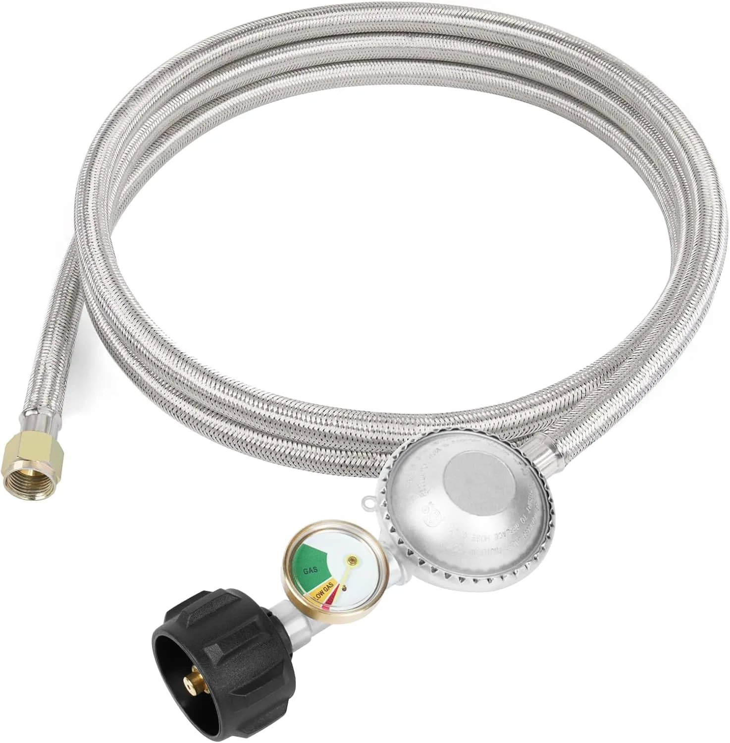 SHINESTAR 5 FT Propane Regulator and Hose with Gauge, Fit for Propane Patio Heater, Fire Pit, Weber Grill and More, Stainless Braided