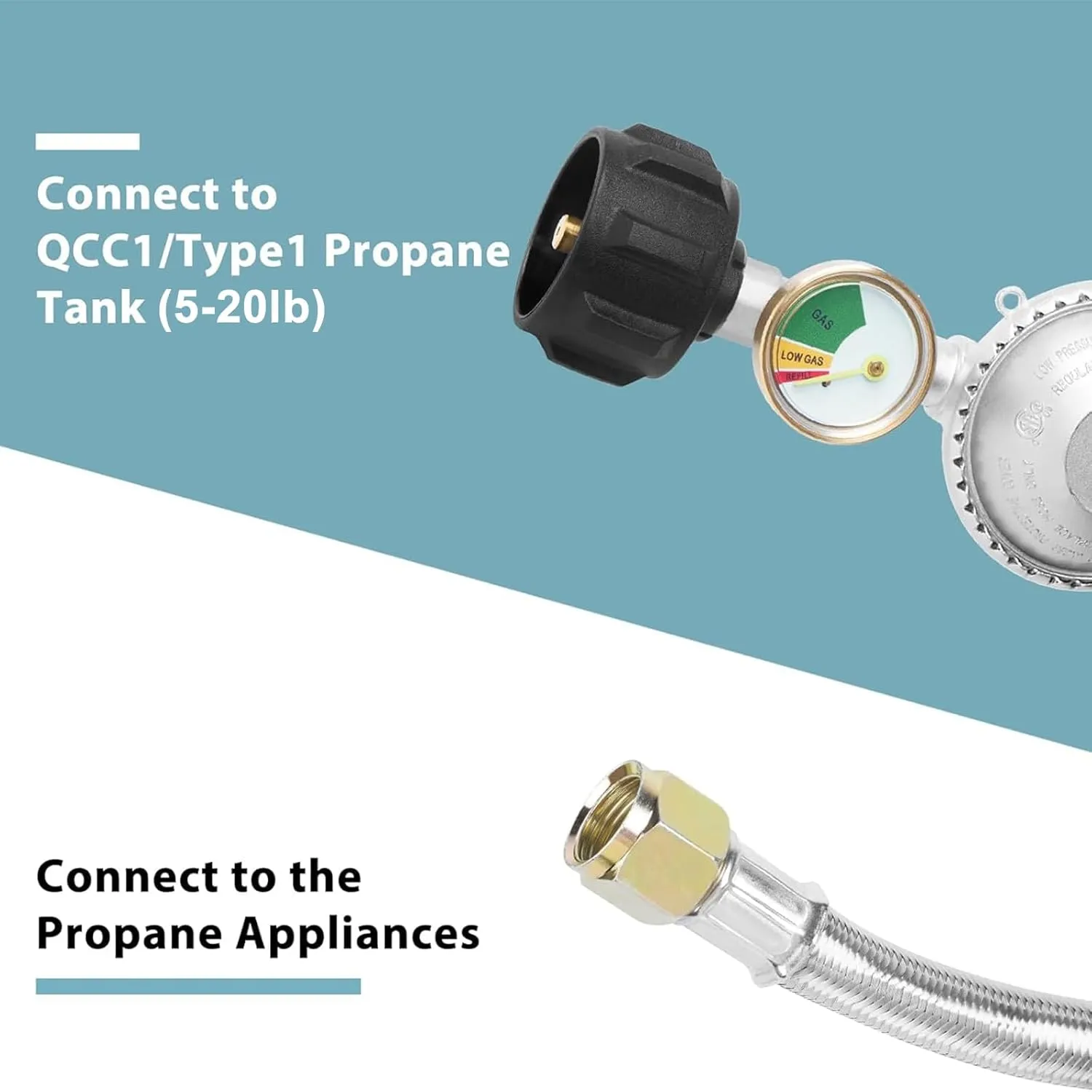 SHINESTAR 5 FT Propane Regulator and Hose with Gauge, Fit for Propane Patio Heater, Fire Pit, Weber Grill and More, Stainless Braided