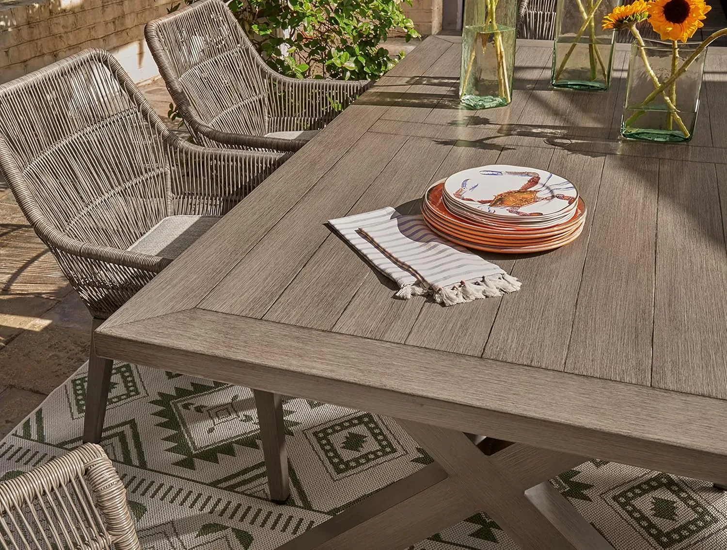 Signature Design by Ashley Beach Front Casual Outdoor Dining Table with Umbrella Option, Light Brown