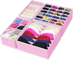 Simple Houseware 4-Pack Drawer Organizer Set - Closet Dividers for Underwear, Socks, Bras, Scarves, Ties - Foldable Non-Woven Storage Boxes, Pink