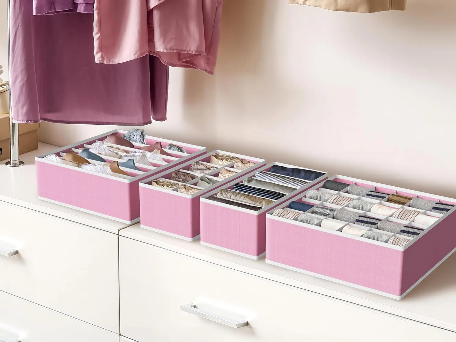 Simple Houseware 4-Pack Drawer Organizer Set - Closet Dividers for Underwear, Socks, Bras, Scarves, Ties - Foldable Non-Woven Storage Boxes, Pink