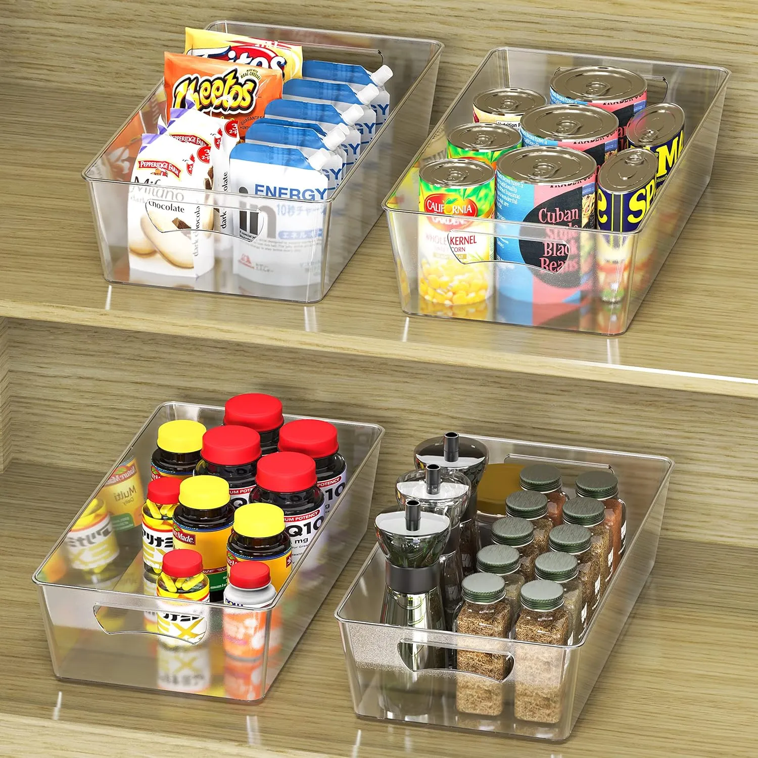 Simple Houseware 4 Pcs Kitchen Clear Bin Storage Organizer, 15" x 8" x 3.75"