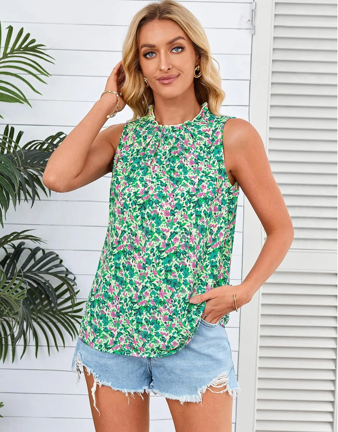 SimpleFun Womens Tank Tops Ruffle High Neck Pleated Summer Blouses Floral Sleeveless Shirt