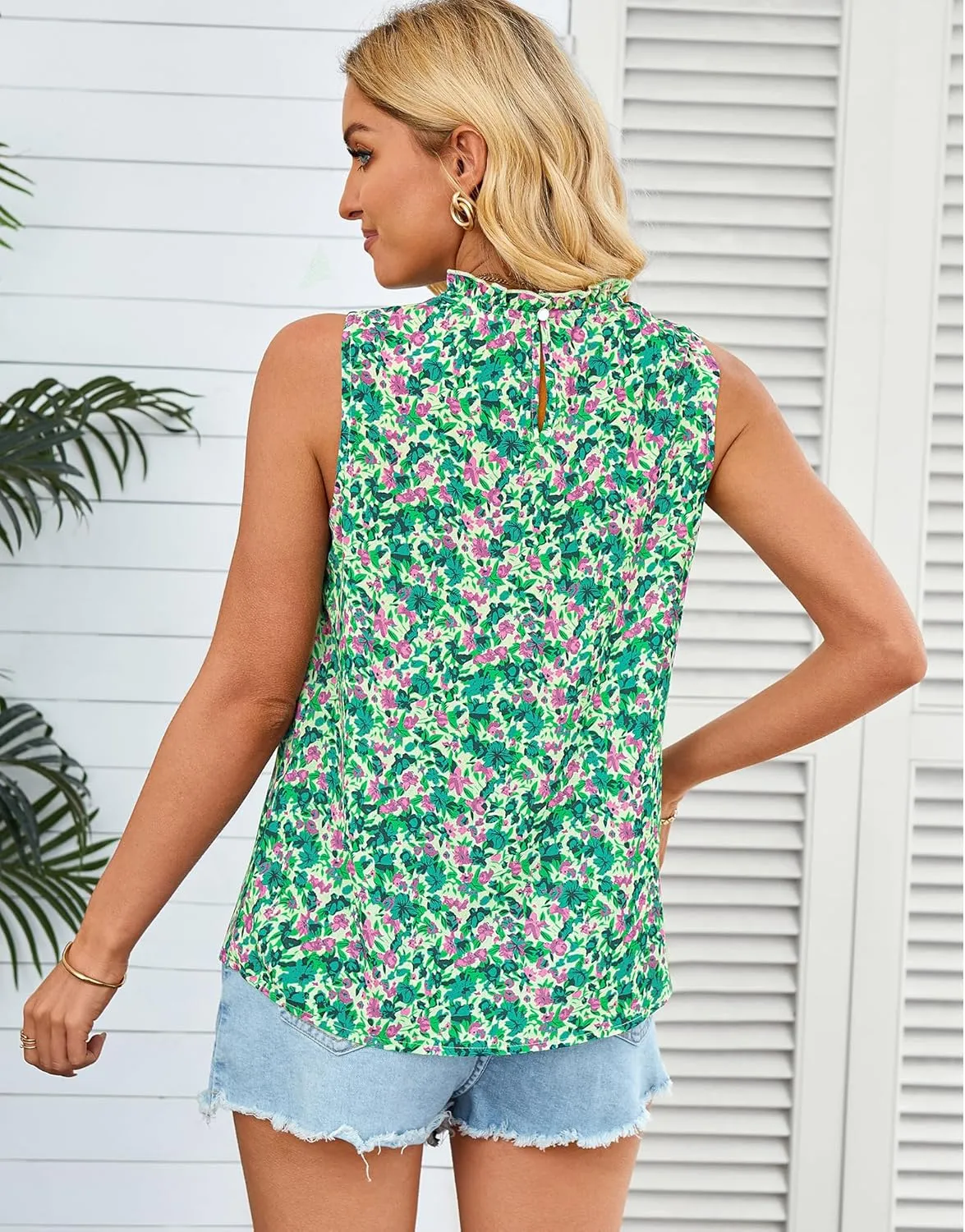 SimpleFun Womens Tank Tops Ruffle High Neck Pleated Summer Blouses Floral Sleeveless Shirt
