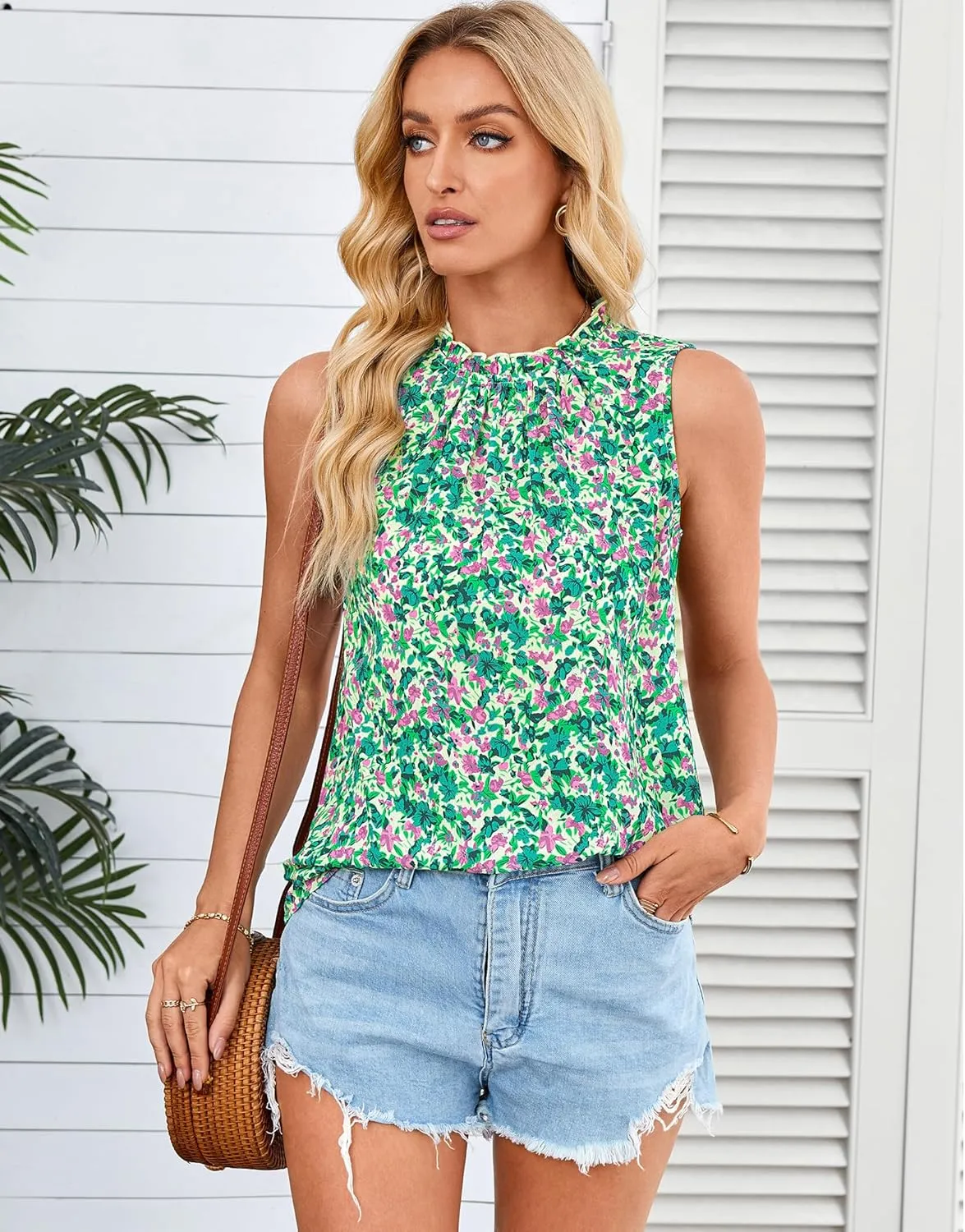 SimpleFun Womens Tank Tops Ruffle High Neck Pleated Summer Blouses Floral Sleeveless Shirt