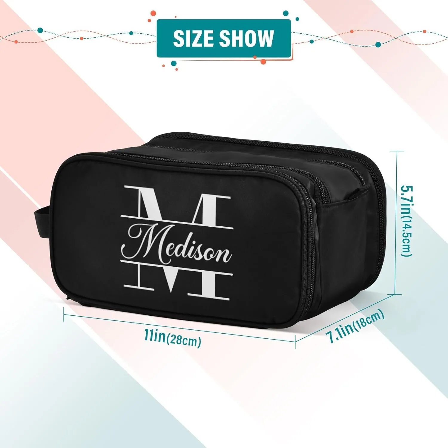 Sinestour Black Custom Makeup Bag, Large Capacity Personalized Toiletry Bag Cosmetic Bag for Travel Shower Jewely Bag for Hotel Adults Necklace