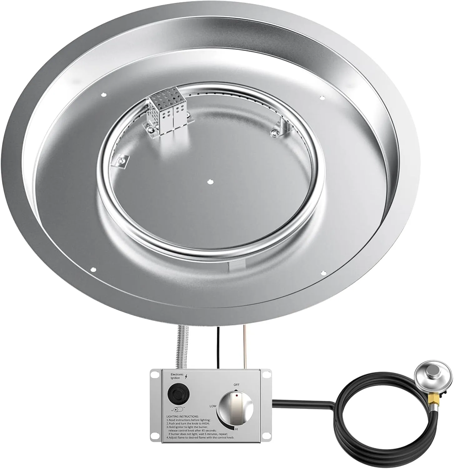 Skyflame 19" Round Stainless Steel Fire Pit Drop-in Burner Kit with CSA Certified, Flame Sensing, Electronic Spark Ignition, Propane Regulator Connector Hose Set for Propane Tank