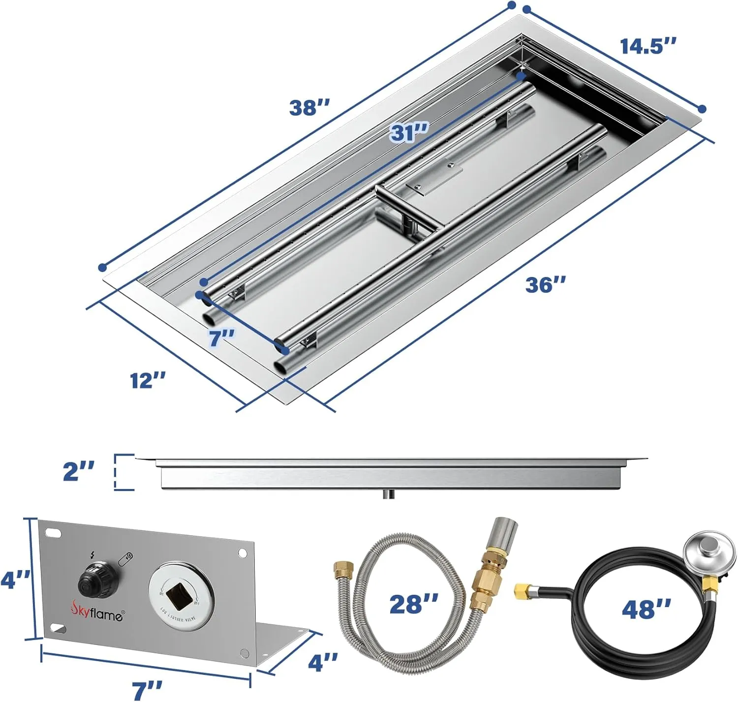 Skyflame 36 x 12 Inch Rectangular Fire Pit Pan Kit, Stainless Steel Drop-in Fire Pit Pan and Burner, Come with Spark Ignition and Propane Hose, Indoor/Outdoor Fire Table DIY Decorative