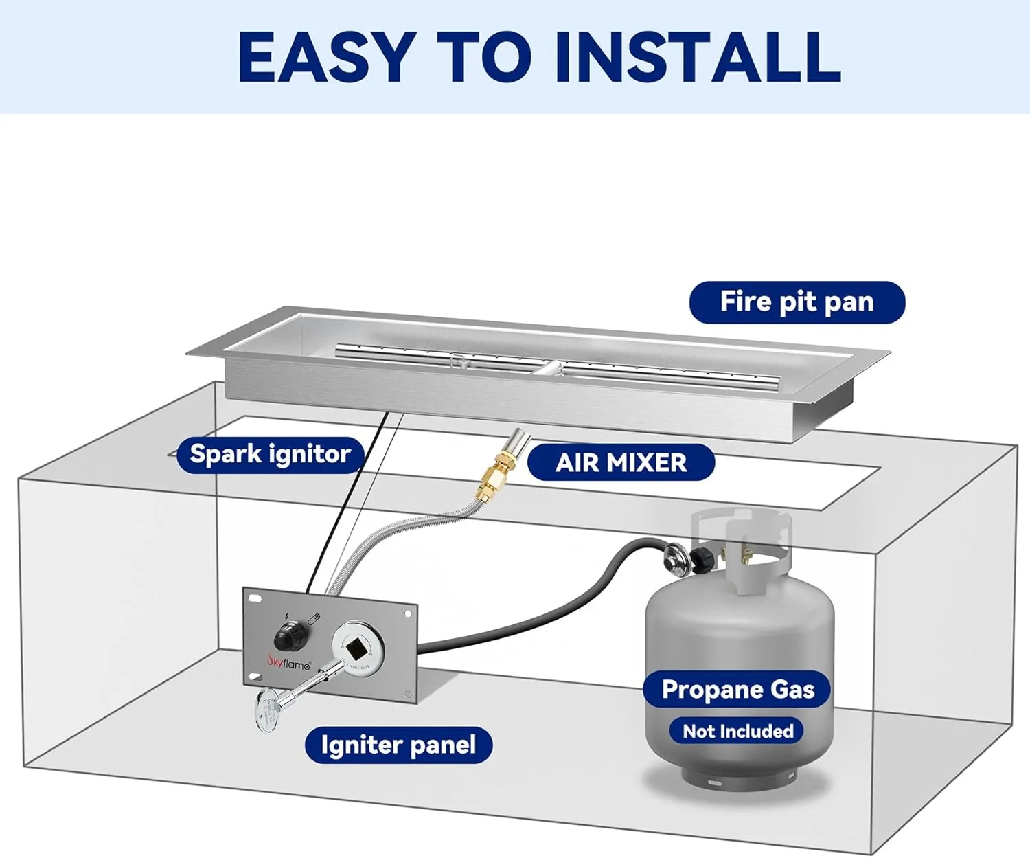 Skyflame 36 x 12 Inch Rectangular Fire Pit Pan Kit, Stainless Steel Drop-in Fire Pit Pan and Burner, Come with Spark Ignition and Propane Hose, Indoor/Outdoor Fire Table DIY Decorative