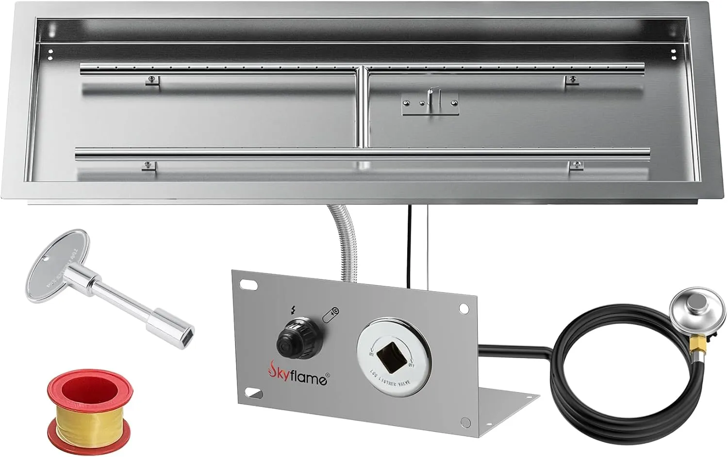 Skyflame 36 x 12 Inch Rectangular Fire Pit Pan Kit, Stainless Steel Drop-in Fire Pit Pan and Burner, Come with Spark Ignition and Propane Hose, Indoor/Outdoor Fire Table DIY Decorative