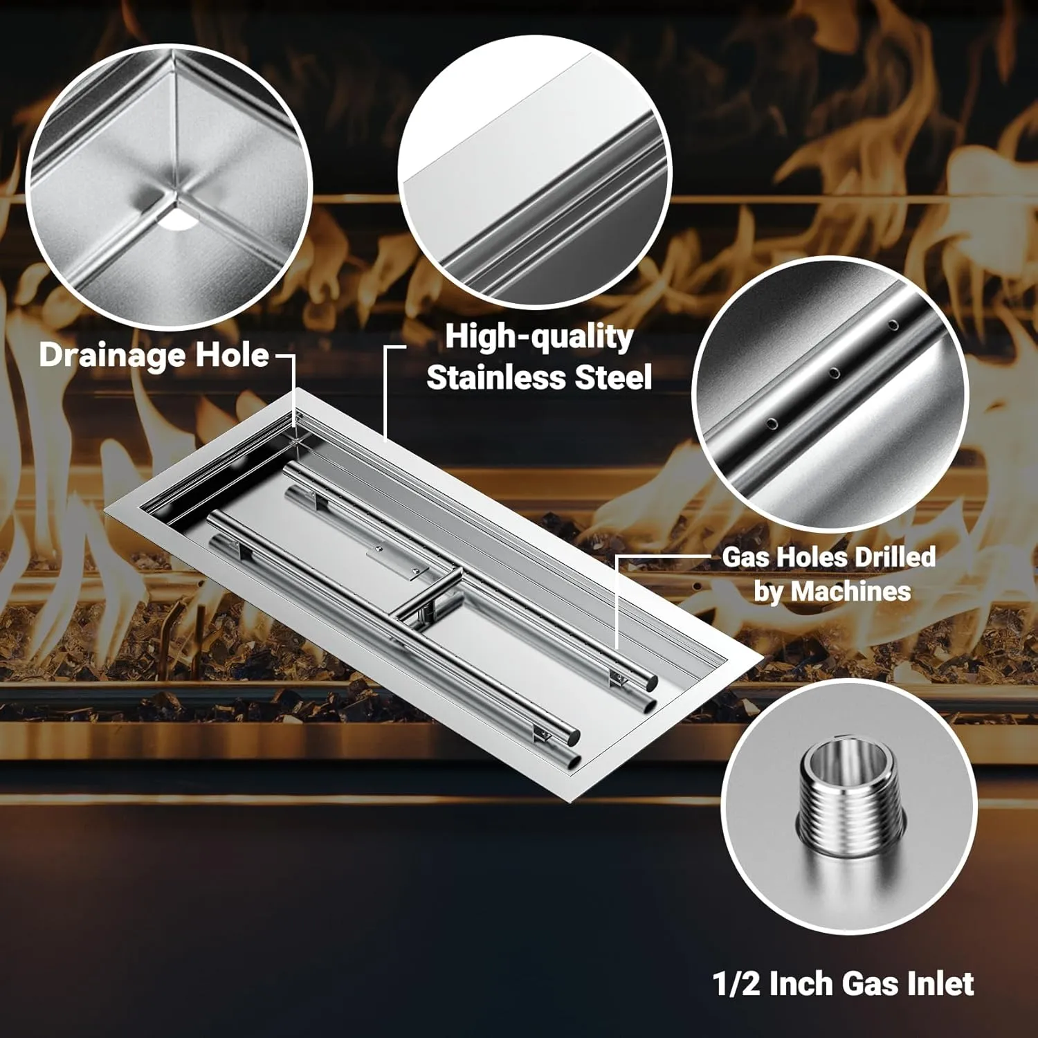 Skyflame 36 x 12 Inch Rectangular Fire Pit Pan Kit, Stainless Steel Drop-in Fire Pit Pan and Burner, Come with Spark Ignition and Propane Hose, Indoor/Outdoor Fire Table DIY Decorative