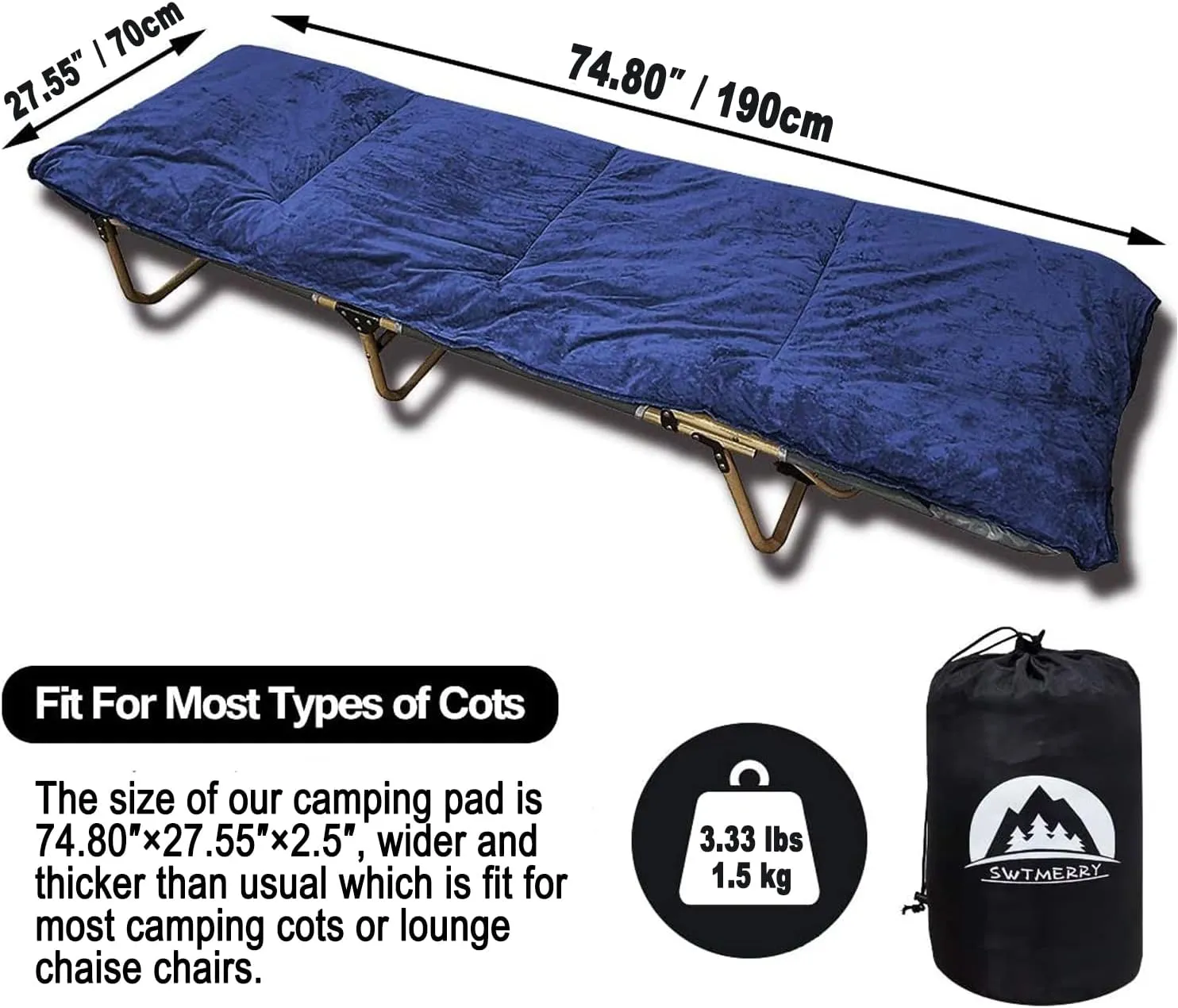 Sleeping Cot Pads (75" x 28") with Elastic Straps Portable for Outdoor & Hiking, Cotton Soft Thick Camping Cot Pad,Waterproof