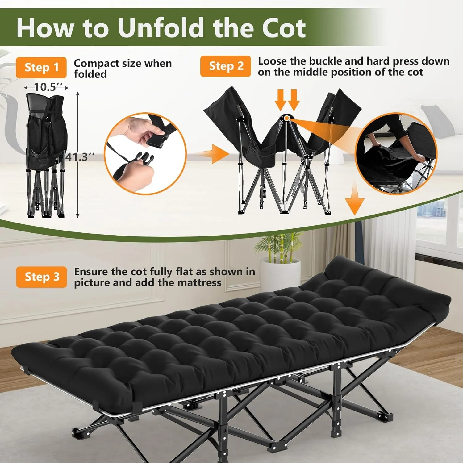 Slendor Camping Cot, Folding Camping Cots for Adults, Portable Sleeping Cot with Carry Bag, 1200D Double Layer Oxford, Camp Cot Bed for Guest Travel, Hiking, Support 500lbs, Black