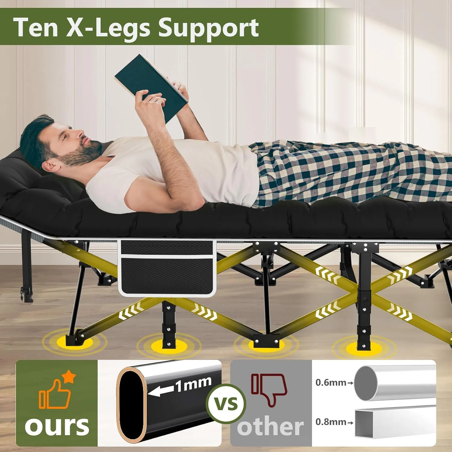 Slendor Camping Cot, Folding Camping Cots for Adults, Portable Sleeping Cot with Carry Bag, 1200D Double Layer Oxford, Camp Cot Bed for Guest Travel, Hiking, Support 500lbs, Black