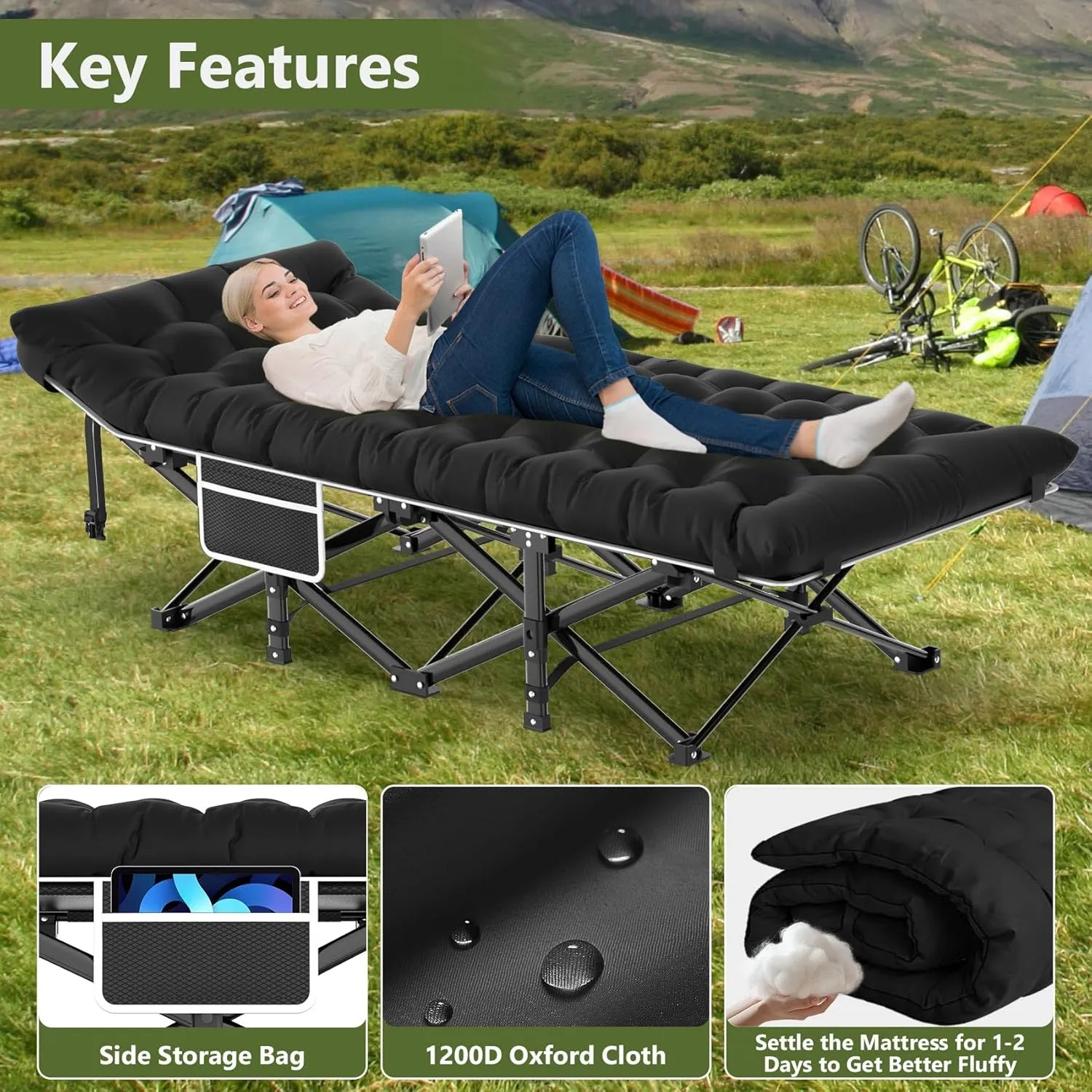 Slendor Camping Cot, Folding Camping Cots for Adults, Portable Sleeping Cot with Carry Bag, 1200D Double Layer Oxford, Camp Cot Bed for Guest Travel, Hiking, Support 500lbs, Black