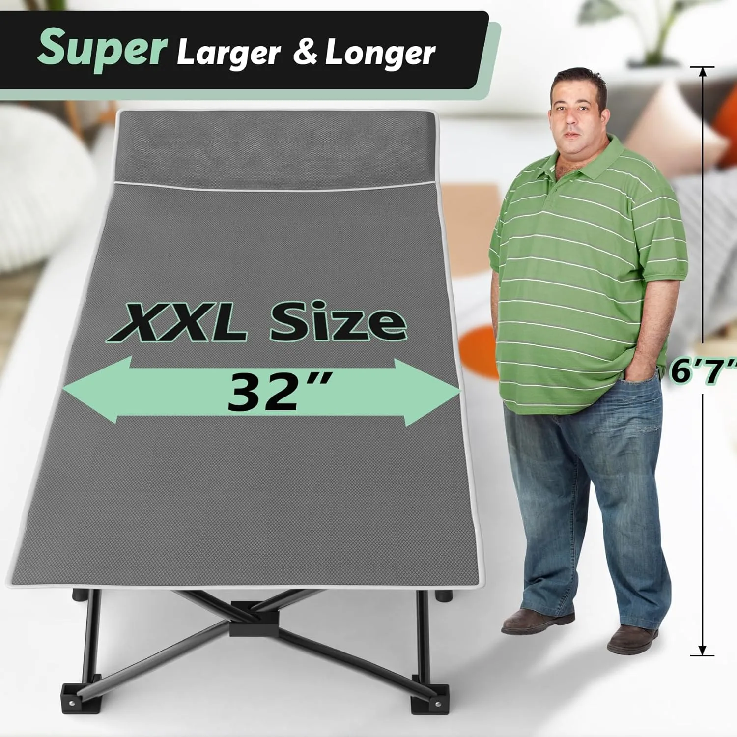 Slendor Oversized XXL Camping Cot, Folding Cot for Adults, 79" L x 32" W x 19" H Sleeping Bed with Mattress, Carry Bag, Camp Cot Bed for Travel, Guest, Support 500lbs