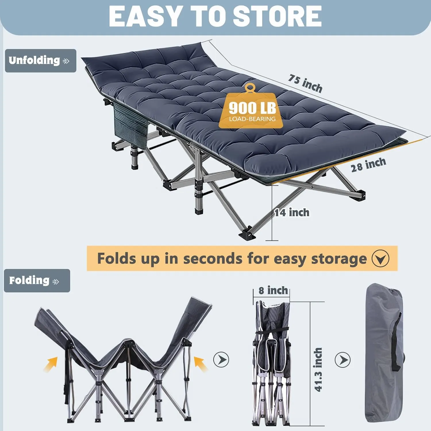 Slsy Folding Camping Cot for Adults with Mattress, Portable Sleeping Cots, Camp Bed with Carry Bag for Outdoor Travel, Beach, Hiking