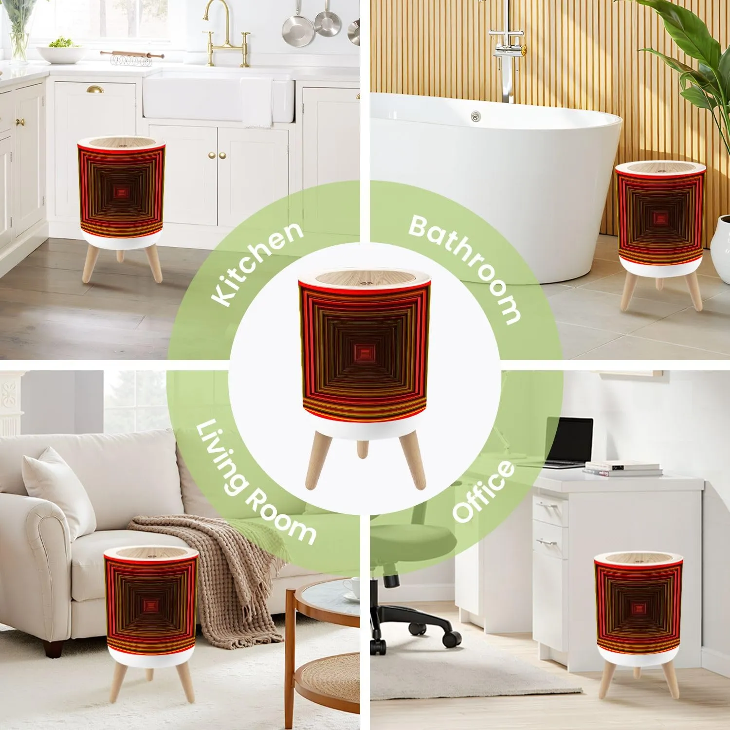 Small Trash Can with Lid 3D Optical Illusion Colorful Realistic Concentric Squares Vibrant Red Round Press Top Garbage Can with Legs Trash Bin Waste Basket for Kitchen Bedroom Bathroom 7L/1.8 Gallon