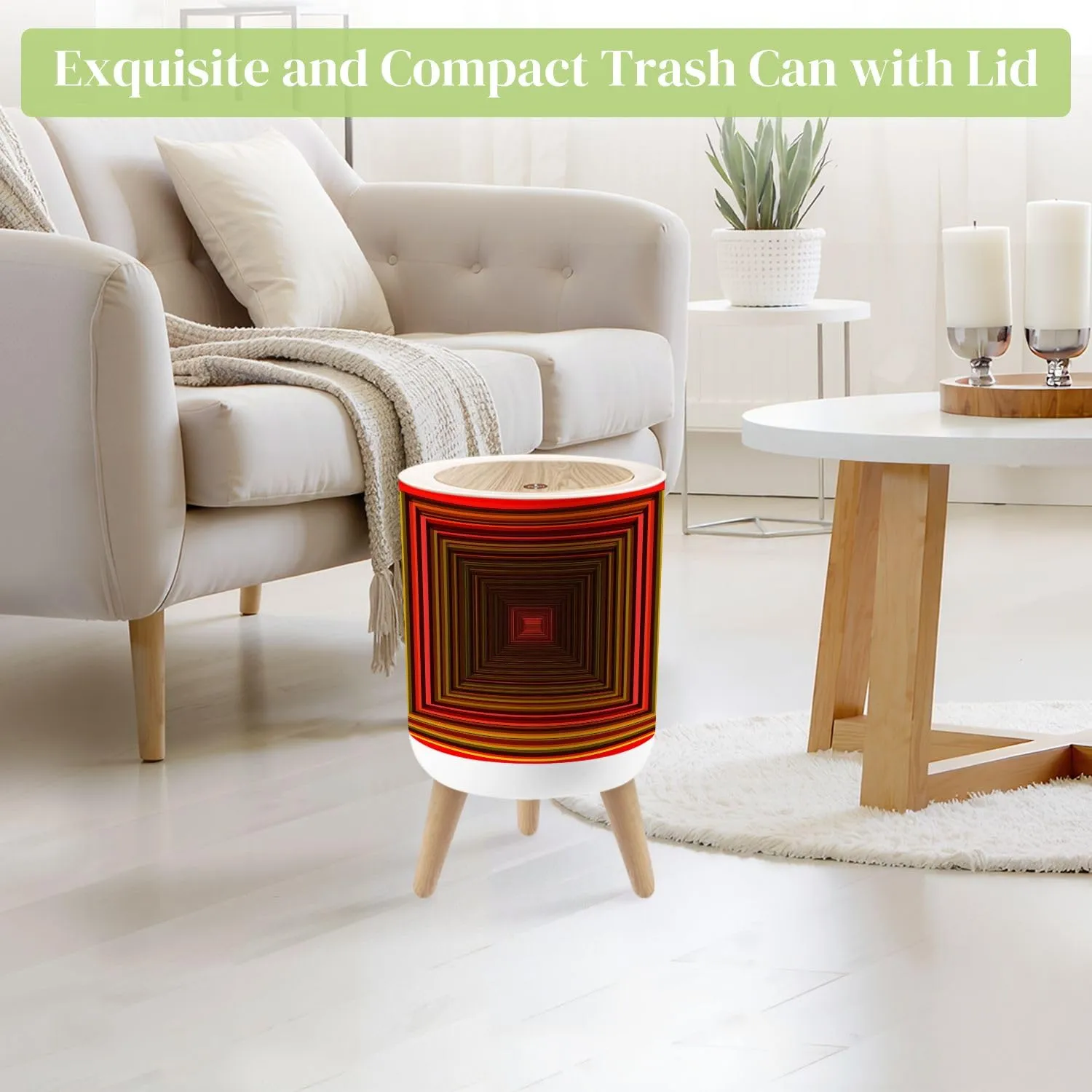 Small Trash Can with Lid 3D Optical Illusion Colorful Realistic Concentric Squares Vibrant Red Round Press Top Garbage Can with Legs Trash Bin Waste Basket for Kitchen Bedroom Bathroom 7L/1.8 Gallon